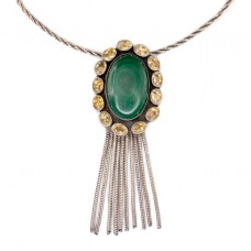 Colier vintage accesorizat cu vechi pandant statement din argint cu citrine și malachit natural  Colier vintage accesorizat cu vechi pandant statement din argint cu citrine și malachit natural